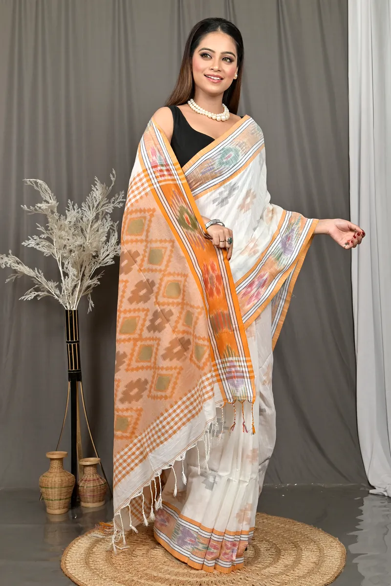 White Orange Cotton Soukor Kotki Saree  (631)