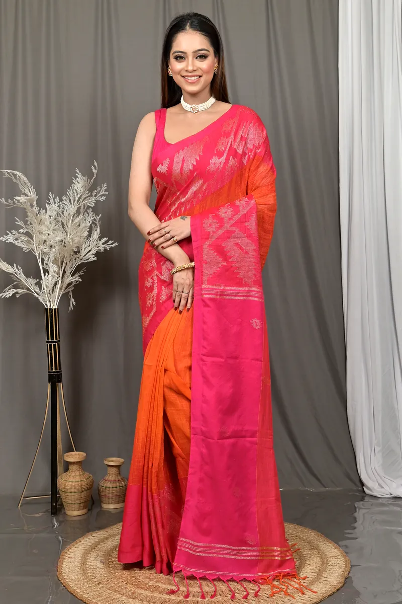Dark Pink Cotton Soudik Handloom Saree  (632)