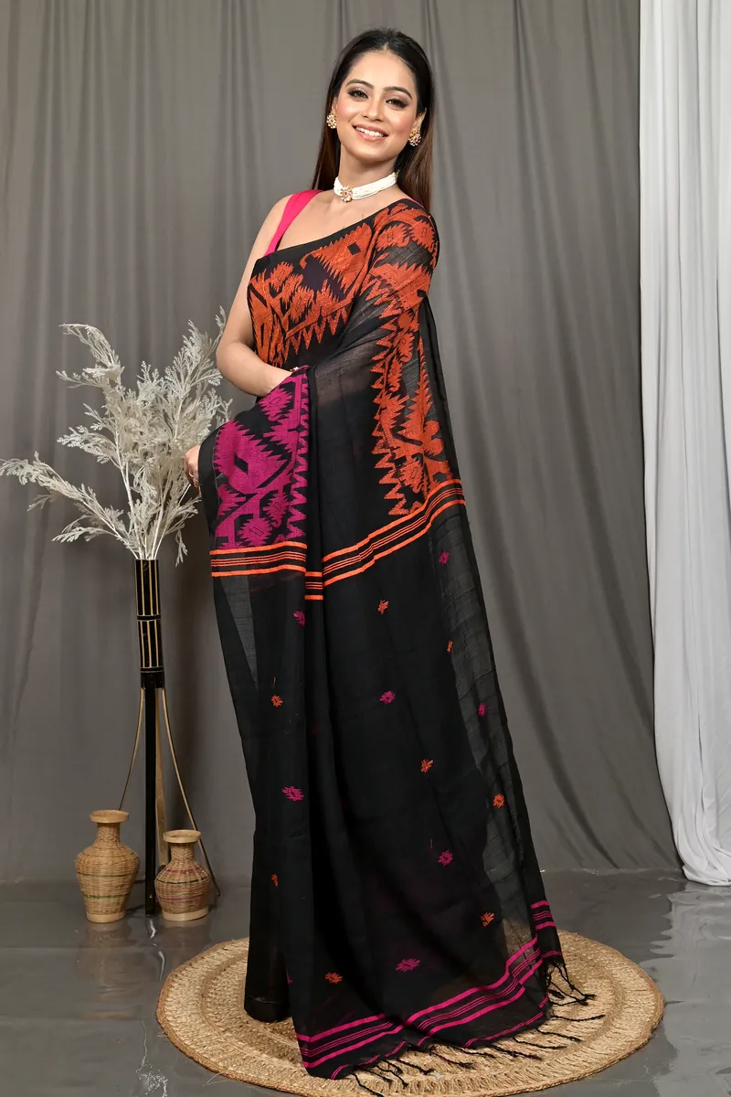 Black Cotton Soudik Handloom Saree  (633)
