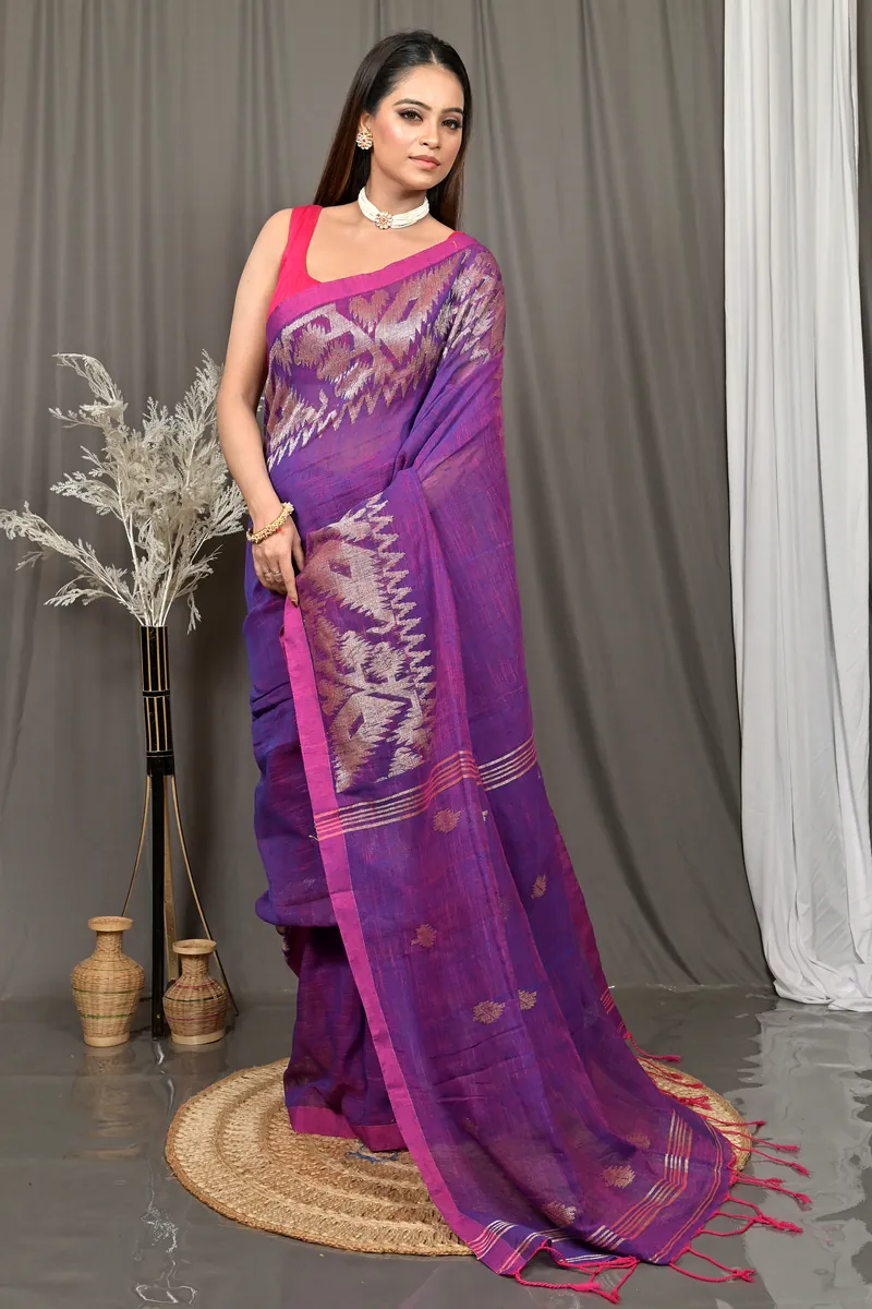 Dark Violet Cotton Soudik Handloom Saree  (634)