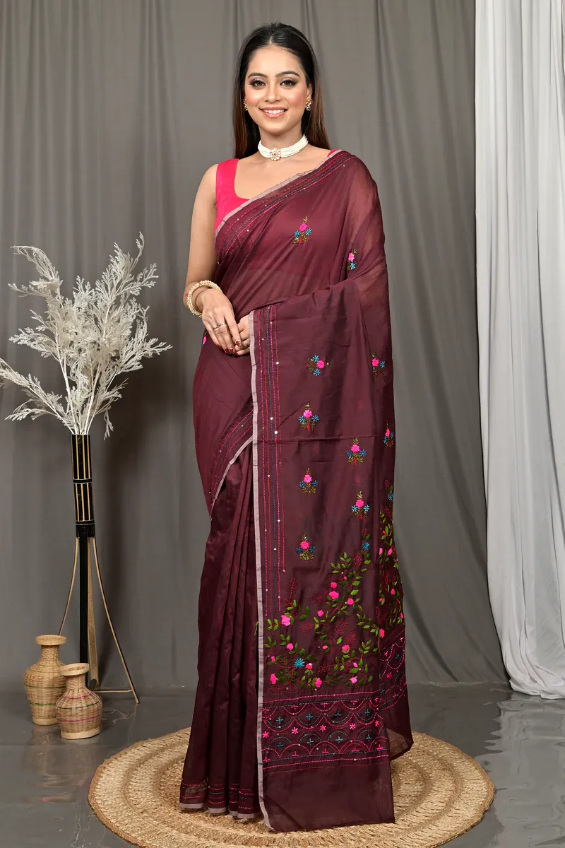 Maroon Cotton Soubun Kathan Saree  (635)