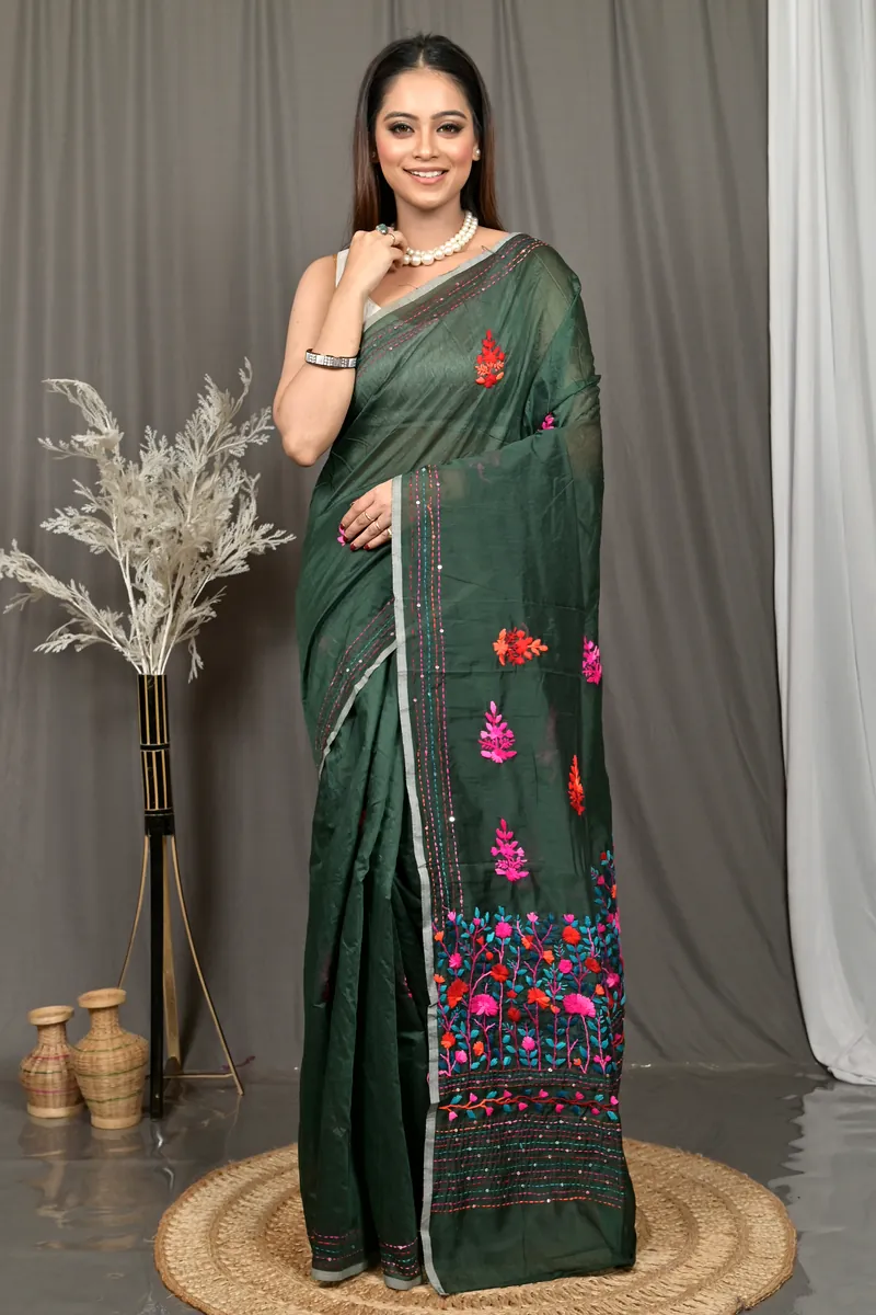 Bottle Green Cotton Soubun Kathan Saree  (637)