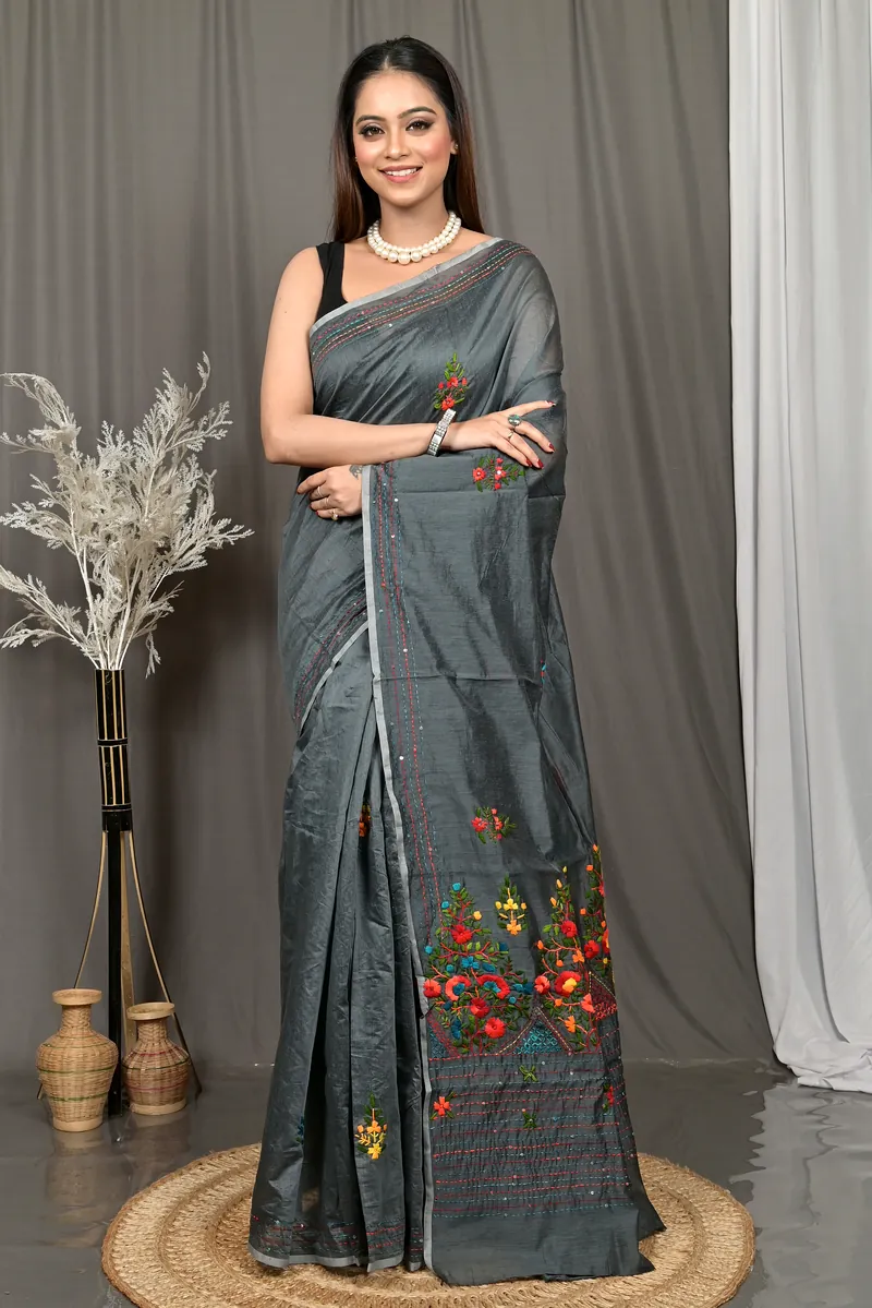 Dark Grey Cotton Soubun Kathan Saree  (638)