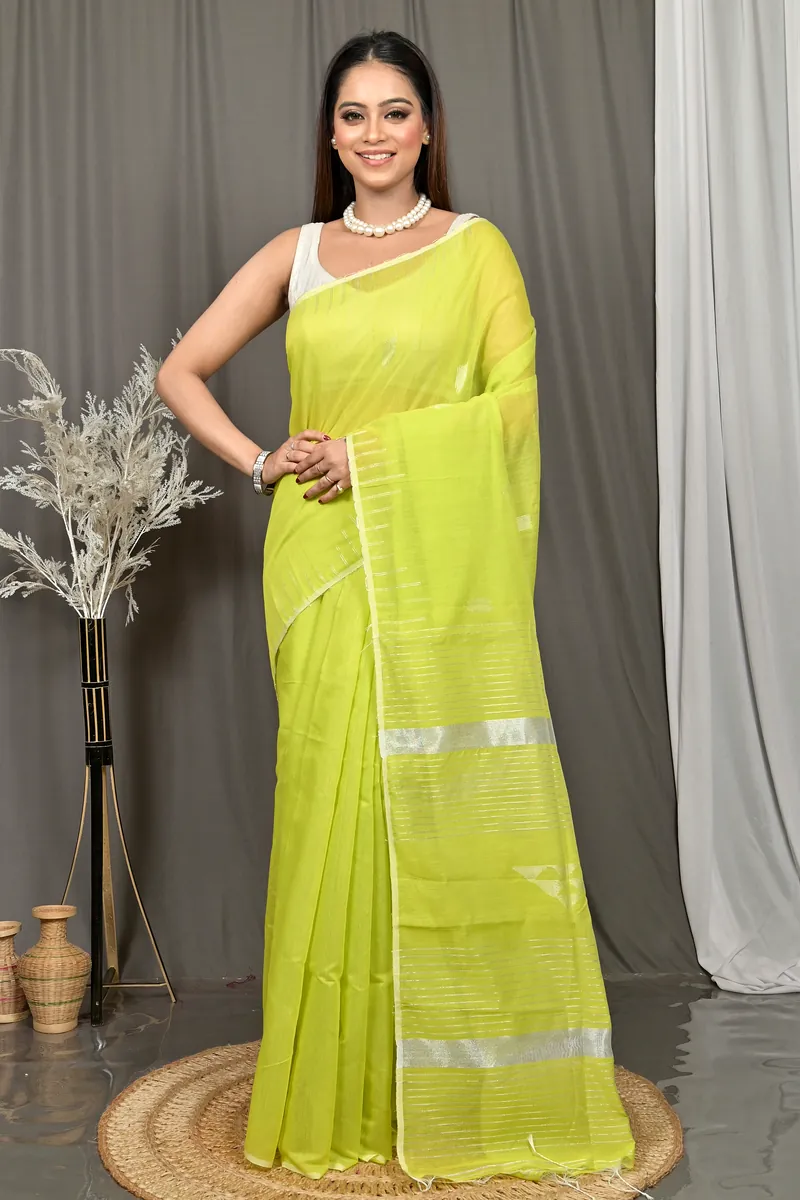 Lemon Green Cotton Soubit Handloom Saree  (639)