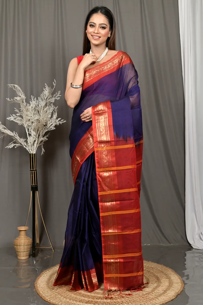 Dark Blue Cotton Parlik Gadwal Saree  (65)