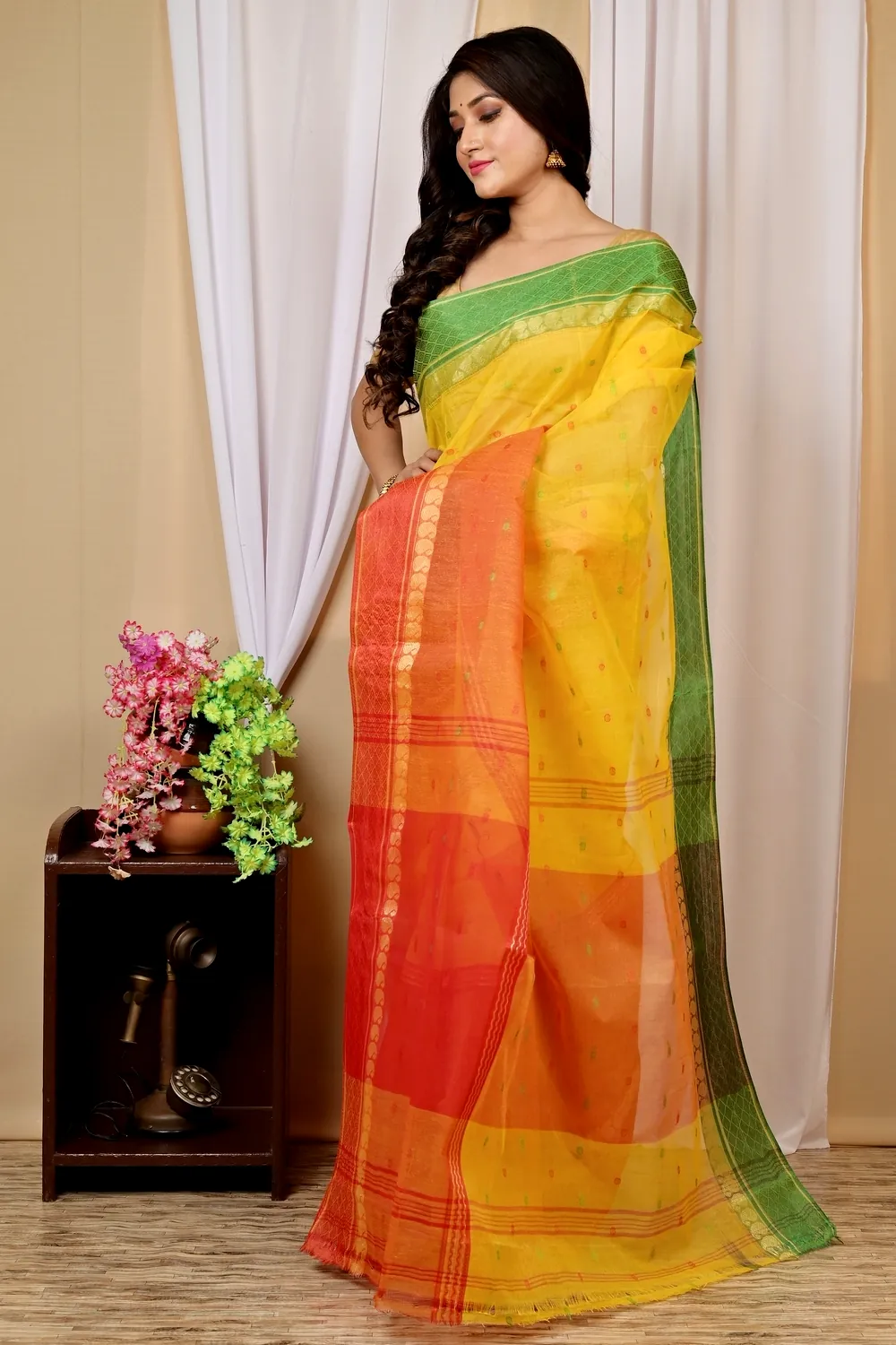Yellow Pure Cotton Ganga Jamuna_Buti Tant Saree (650)