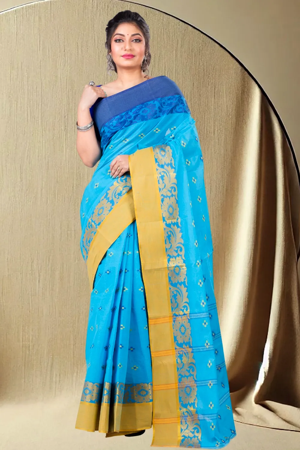 Blue Pure Cotton Ganga Jamuna_Latapar Tant Saree (652)