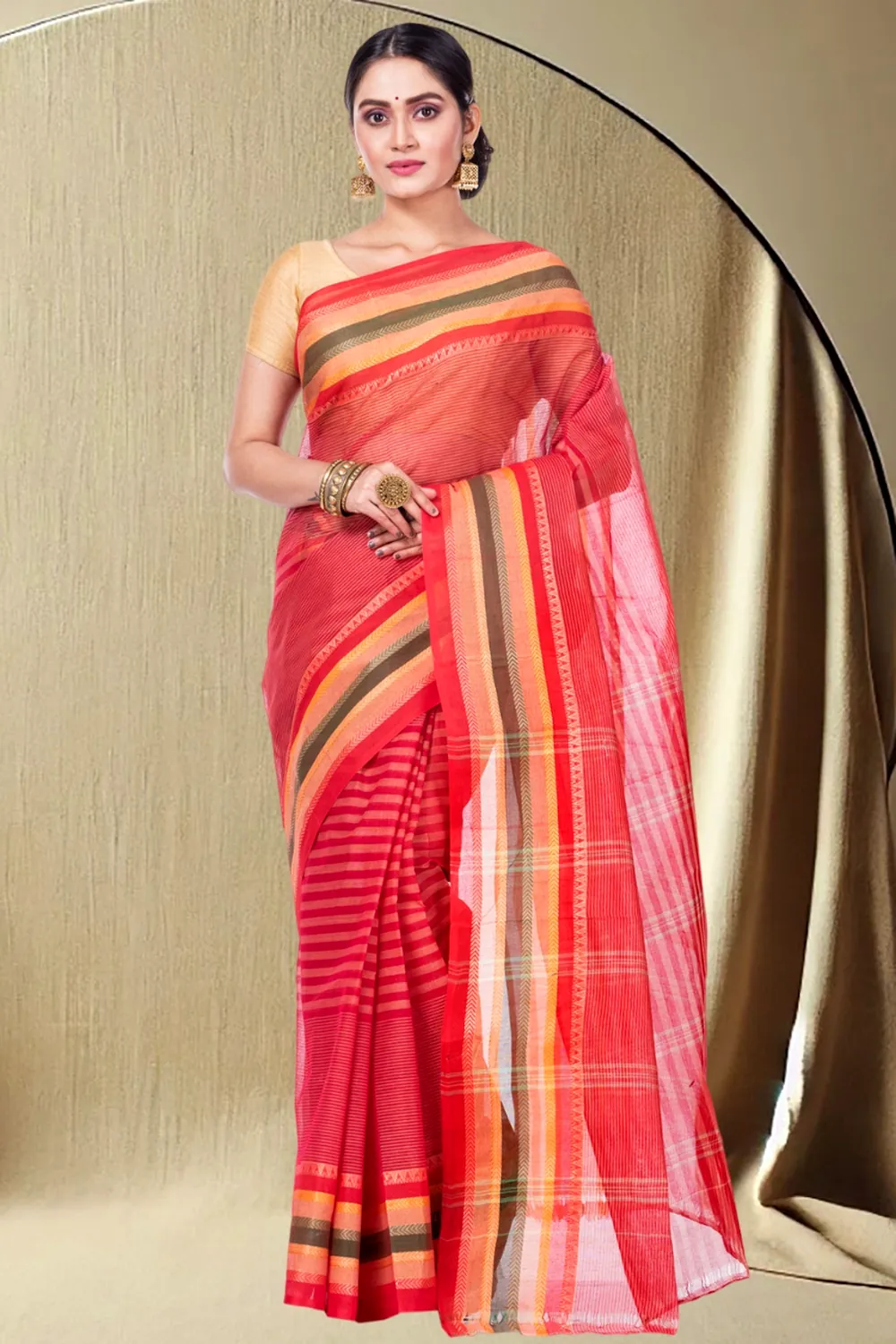 Red Pure Cotton Khajur_Churi_Strip Tant Saree (655)