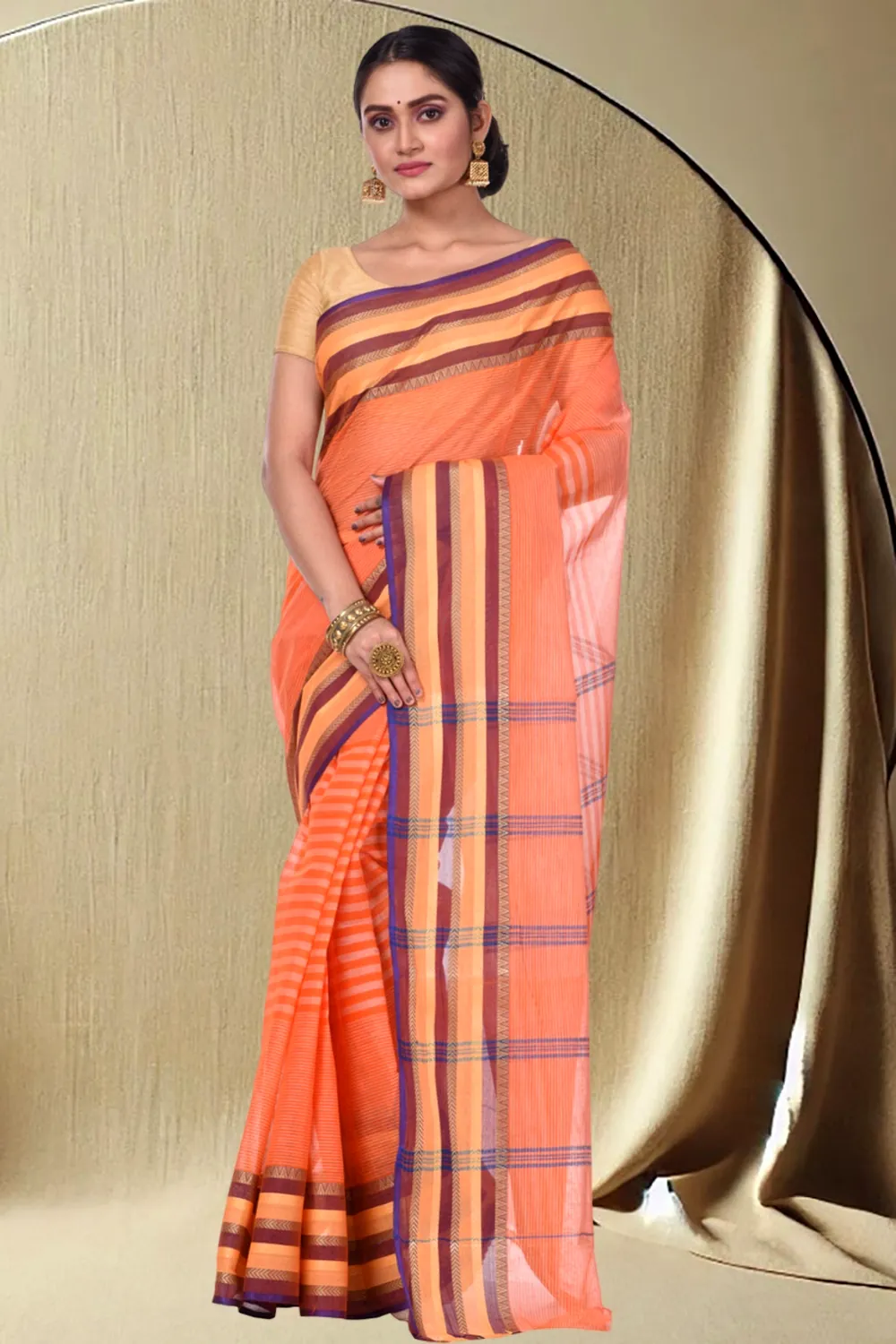 Orange Pure Cotton Khajur_Churi_Strip Tant Saree (656)
