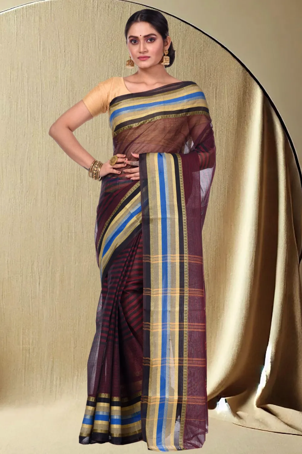 Brown Pure Cotton Khajur_Churi_Strip Tant Saree (657)