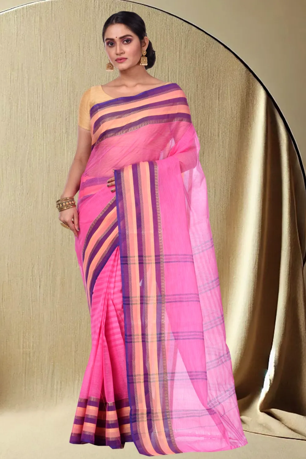 Pink Pure Cotton Khajur_Churi_Strip Tant Saree (658)