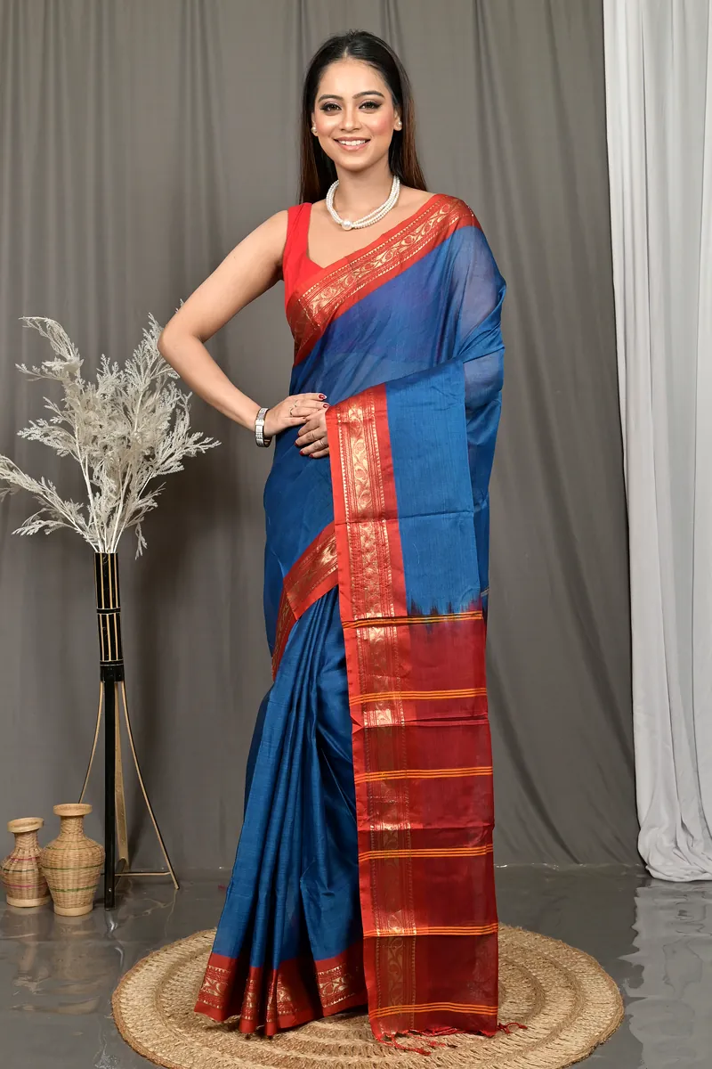 Blue Red Cotton Parlik Gadwal Saree  (66)