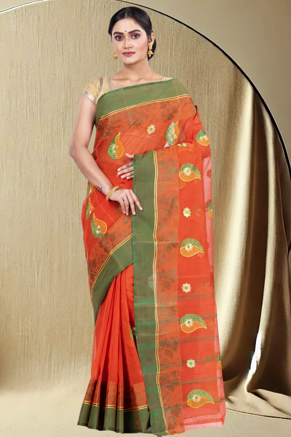 Orange Pure Cotton Shanko_Embro Tant Embroidery (664)