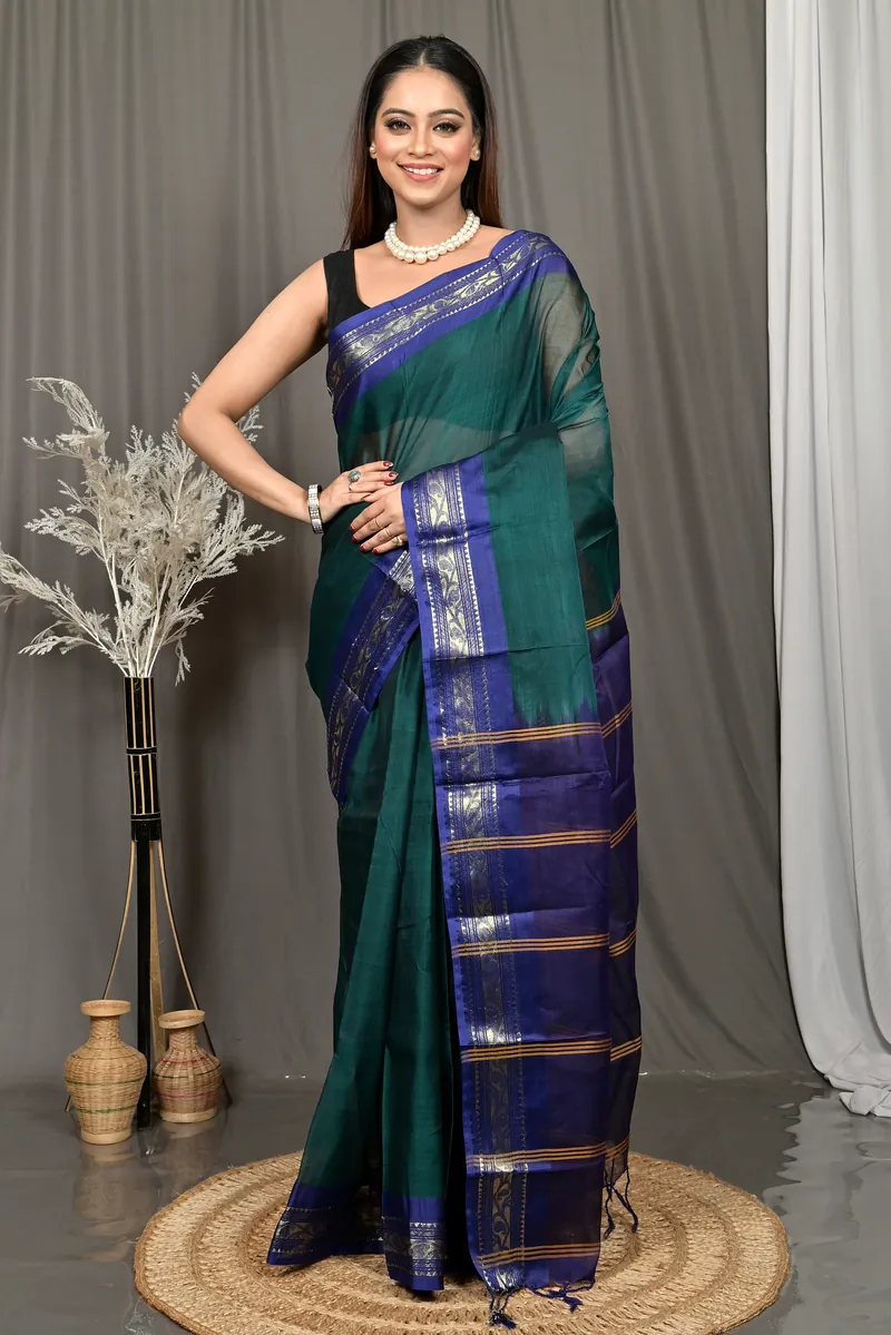 Dark Green Blue Cotton Parlik Gadwal Saree  (67)