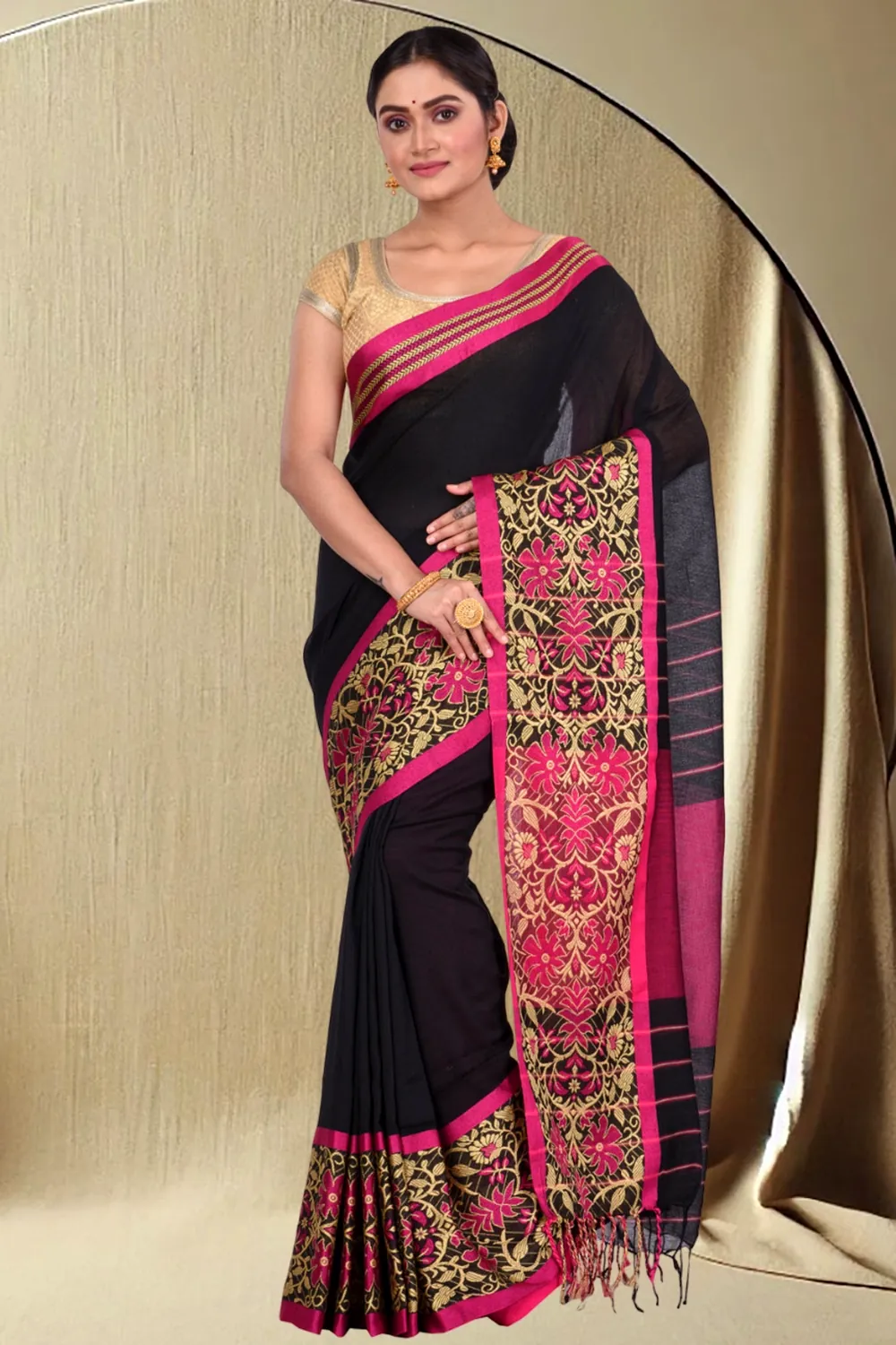 Black Pure Cotton Begompuri_Hand Hand Loom Saree (671)