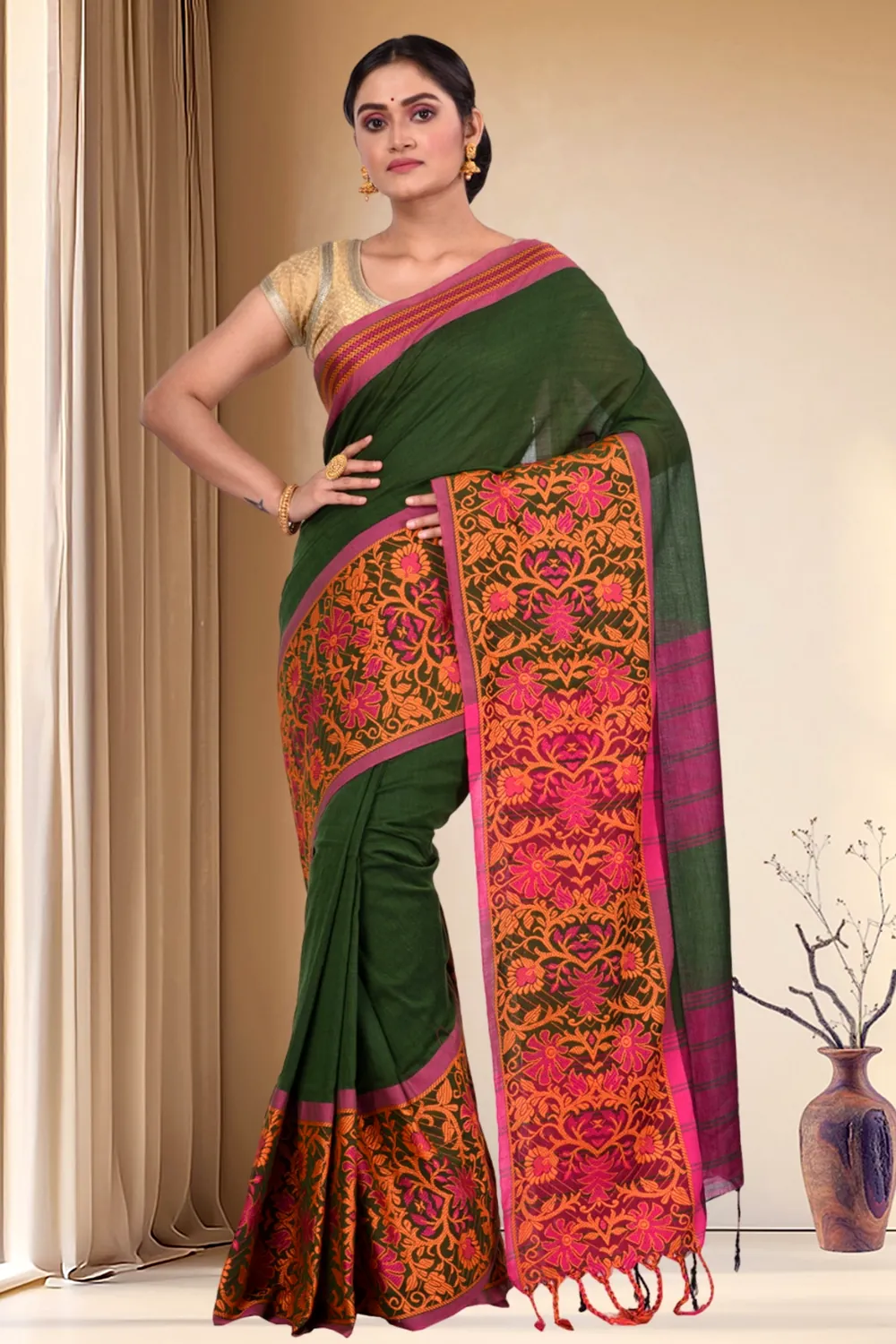 Dark Green Pure Cotton Begompuri_Hand Hand Loom Saree (672)