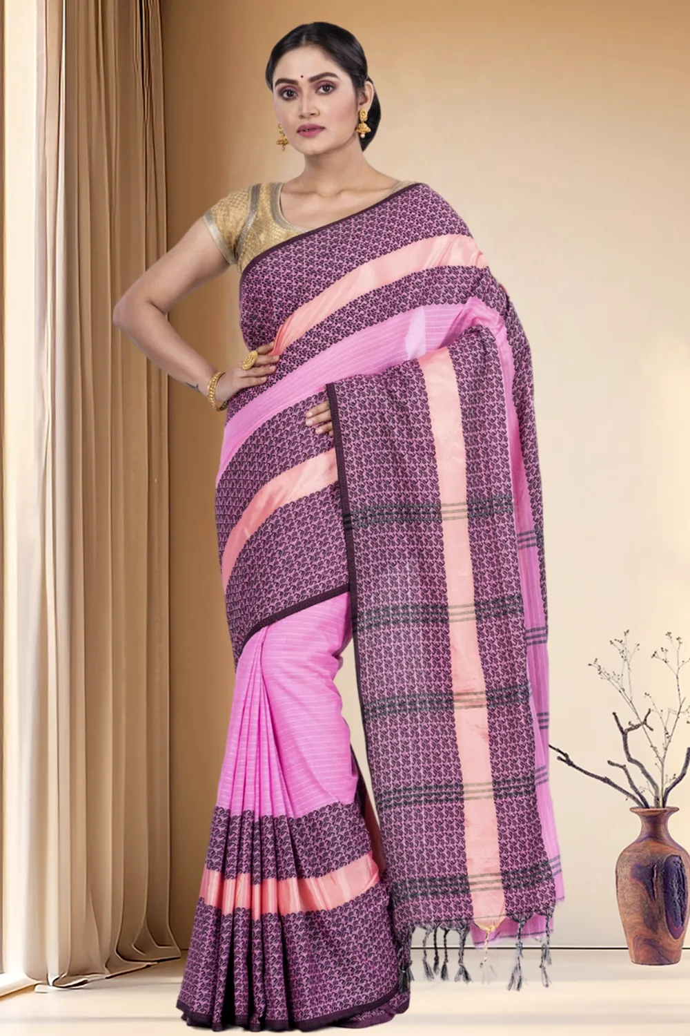 Pink Pure Cotton Souraovi_Hand Hand Loom Saree (673)