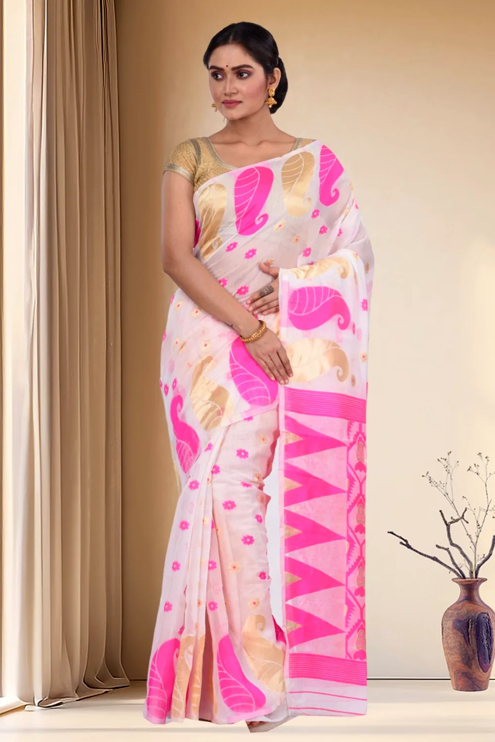 Pink Pure Cotton Amachal_Jmdni Jamdani Saree (677)