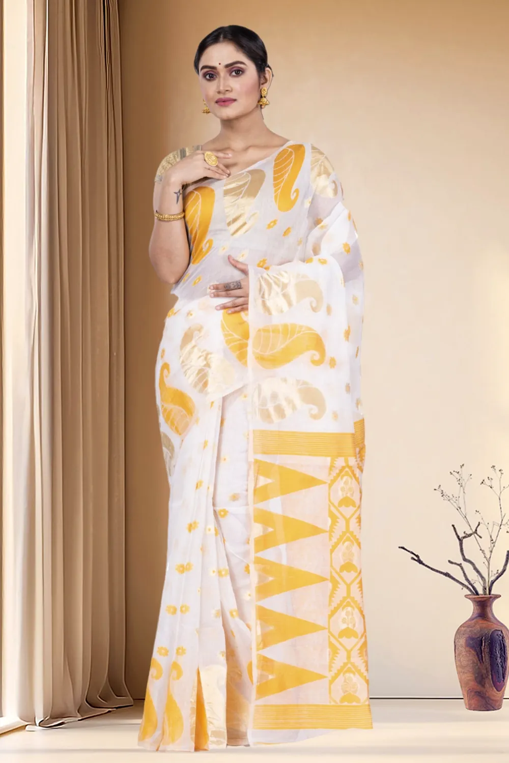 Yellow Pure Cotton Amachal_Jmdni Jamdani Saree (680)