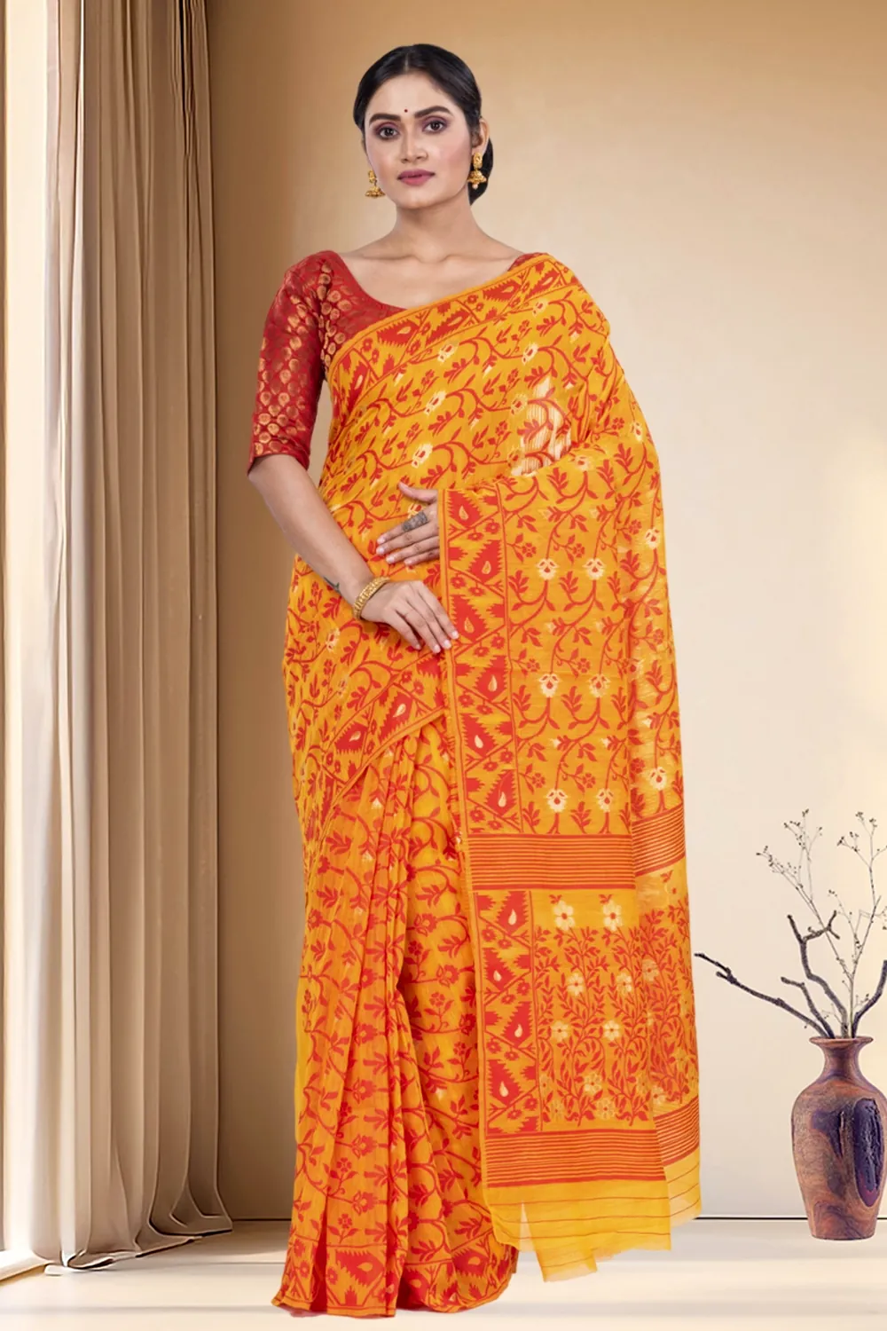 Yellow Blended Cotton Kanak_Jmdni Jamdani Saree (685)