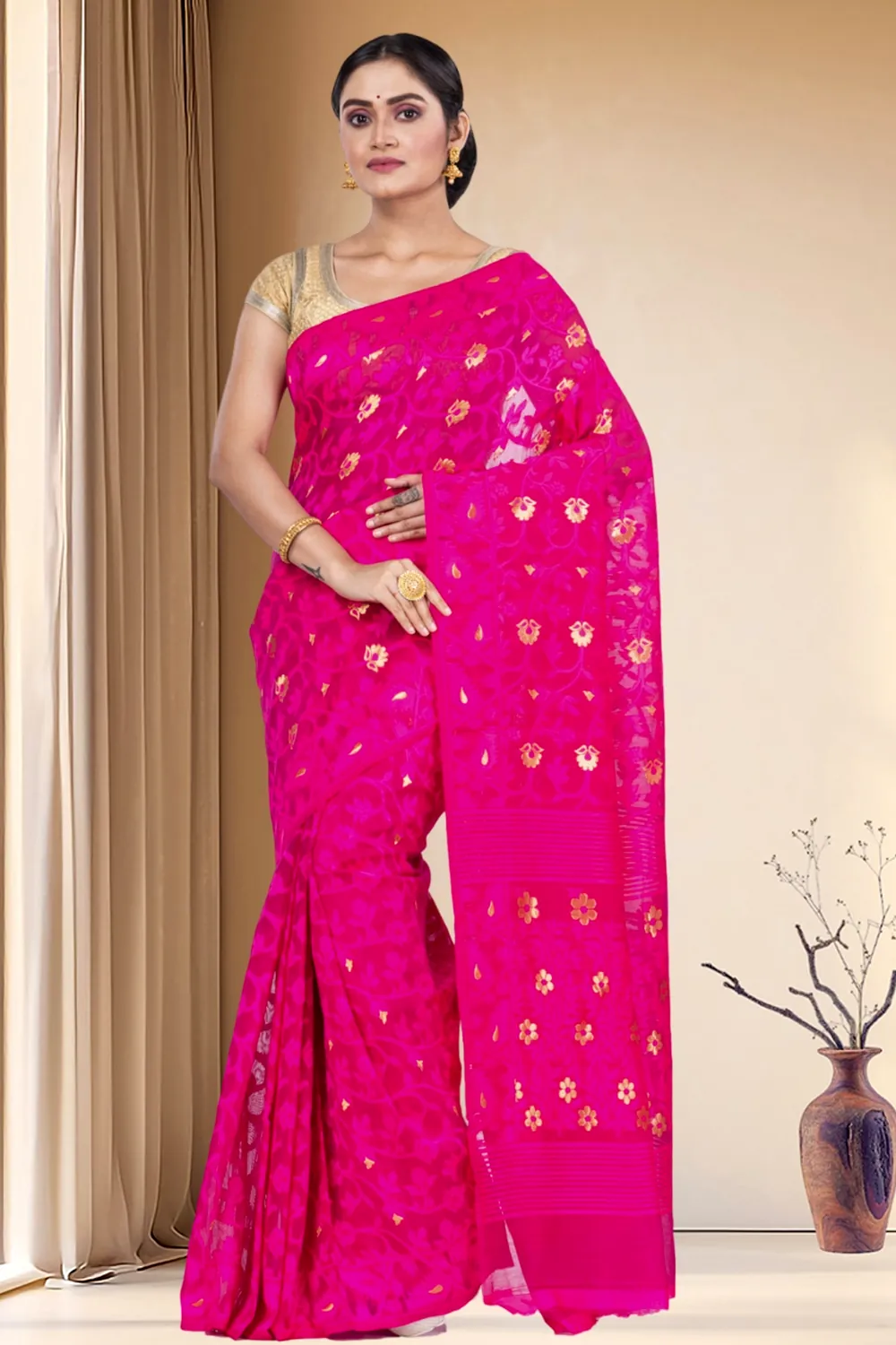 Pink Blended Cotton Kanak_Jmdni Jamdani Saree (687)