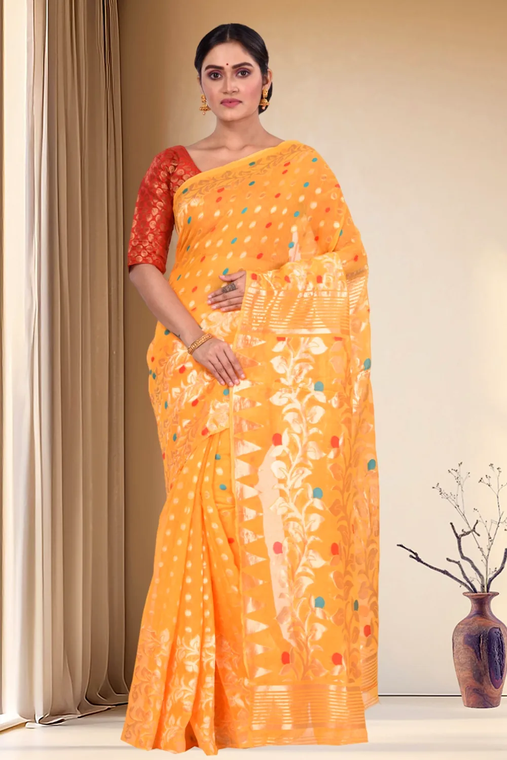 Yellow Pure Cotton Lataguti_Jmdni Jamdani Saree (688)