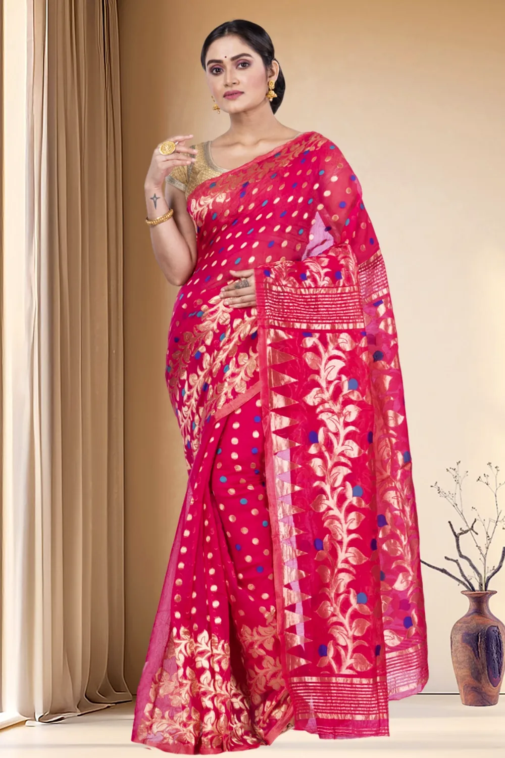 Pink Pure Cotton Lataguti_Jmdni Jamdani Saree (689)