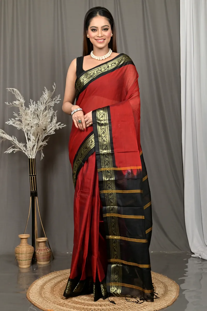 Maroon Black Cotton Parlik Gadwal Saree  (69)