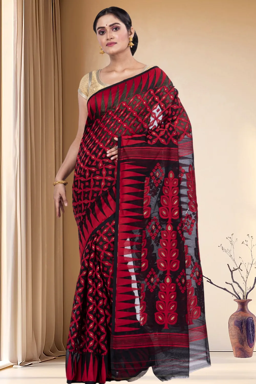 Marun Pure Cotton Minakari_Jmdni Jamdani Saree (692)