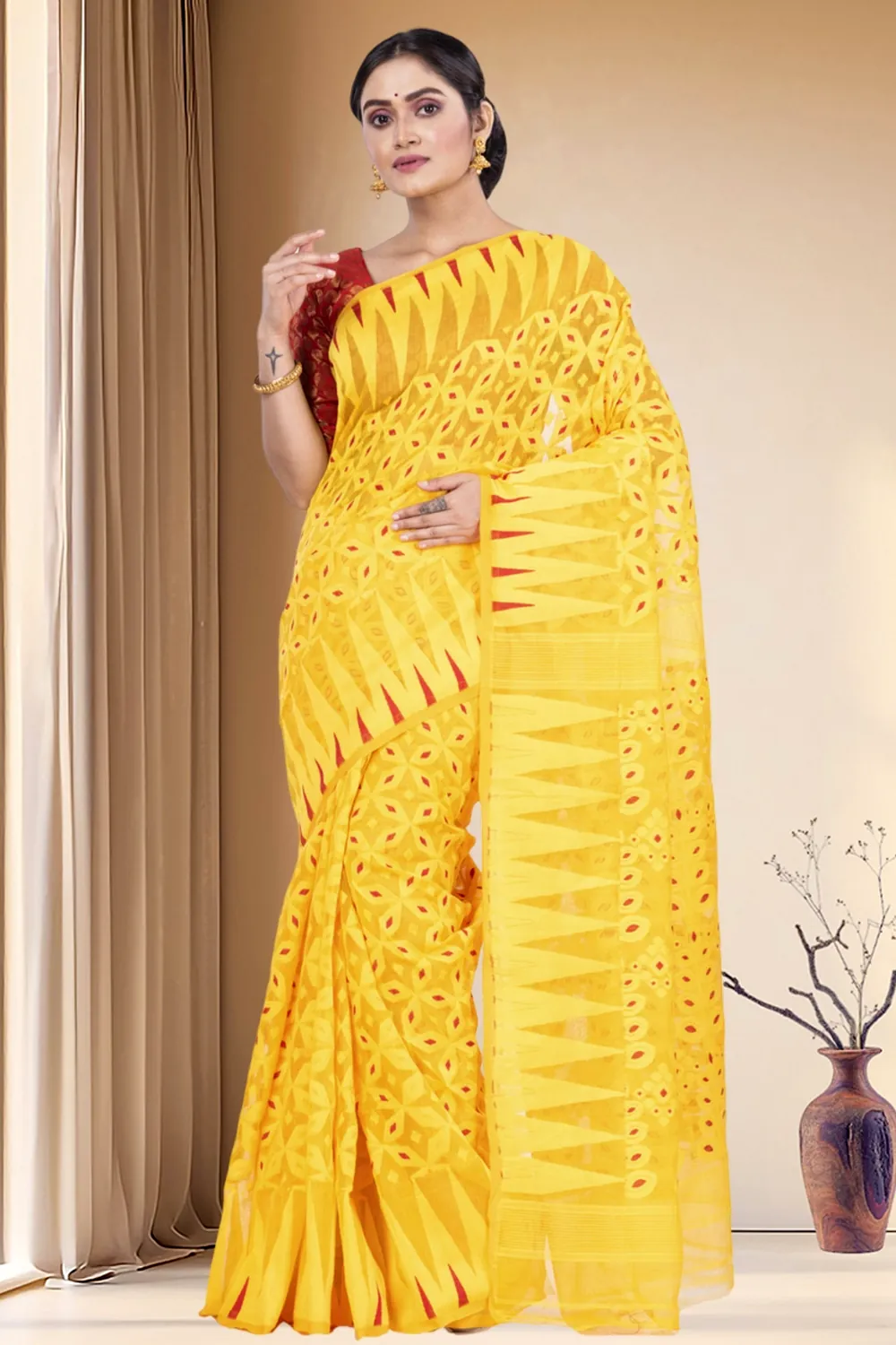 Yellow Pure Cotton Minakari_Jmdni Jamdani Saree (693)