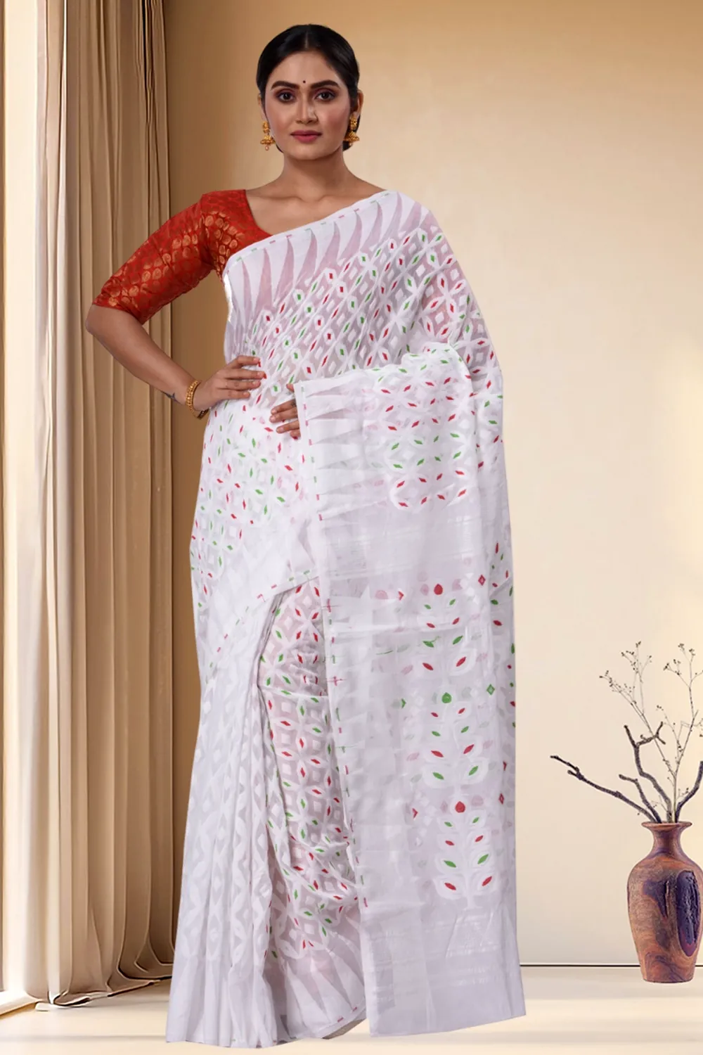 White Pure Cotton Minakari_Jmdni Jamdani Saree (694)
