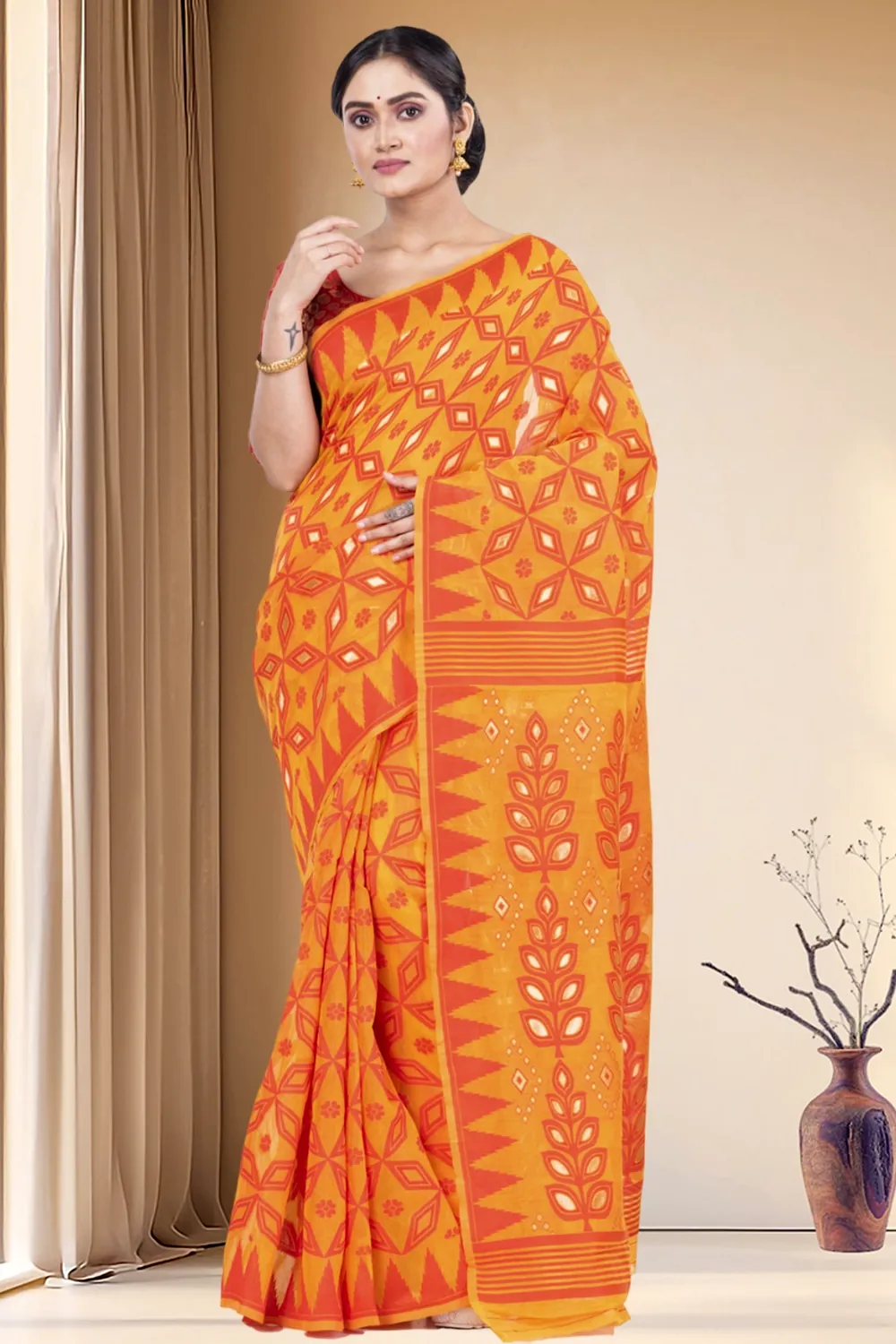 Orange Pure Cotton Minakari_Jmdni Jamdani Saree (695)