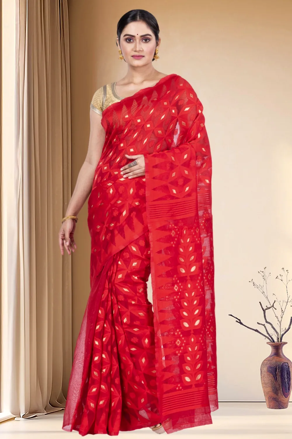 Red Pure Cotton Minakari_Jmdni Jamdani Saree (696)