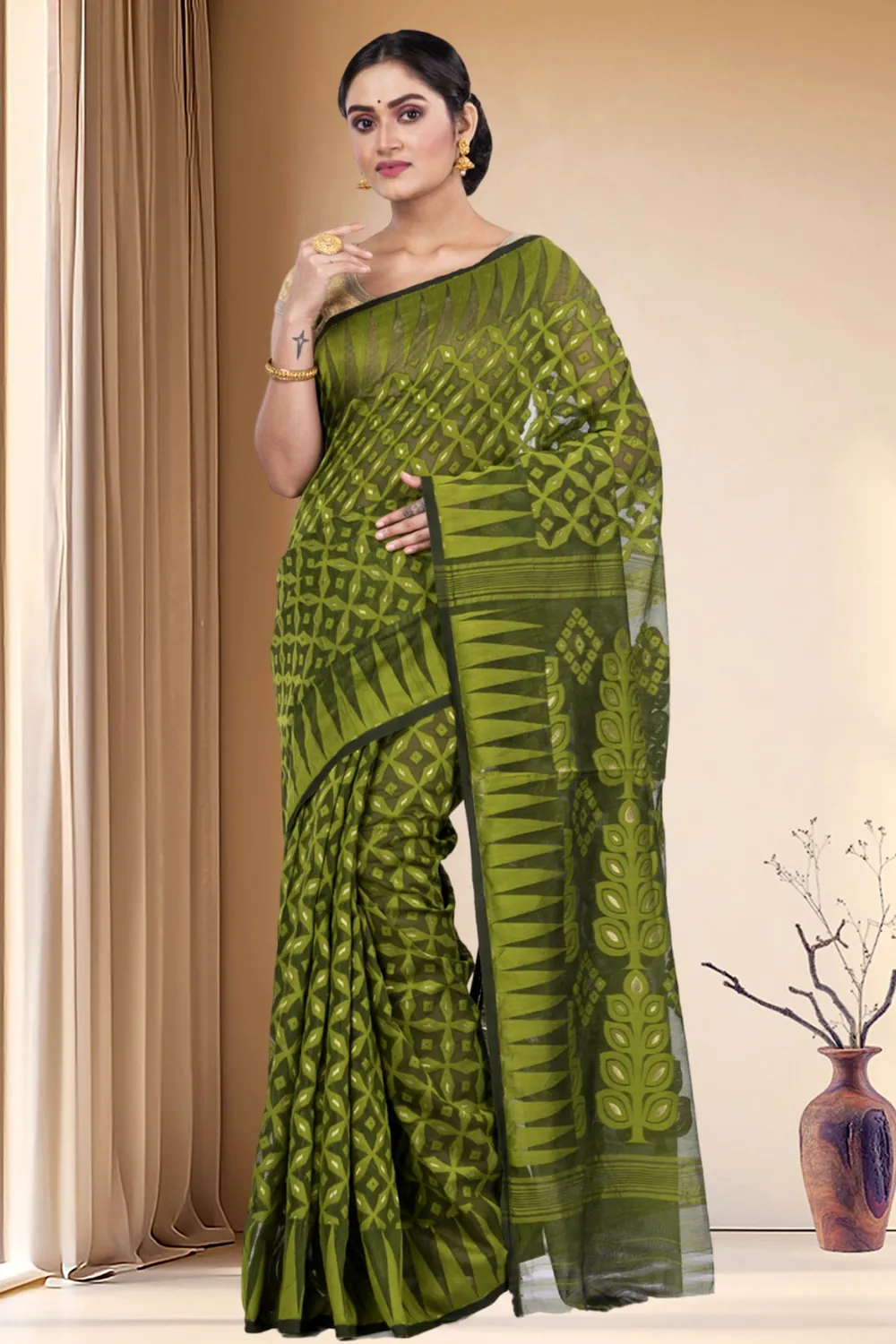 Green Pure Cotton Minakari_Jmdni Jamdani Saree (698)