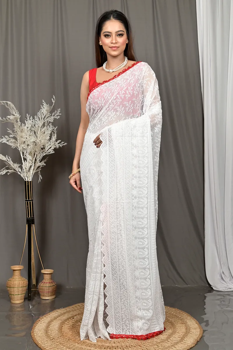 White Cotton Parmon Chikankari Saree  (70)