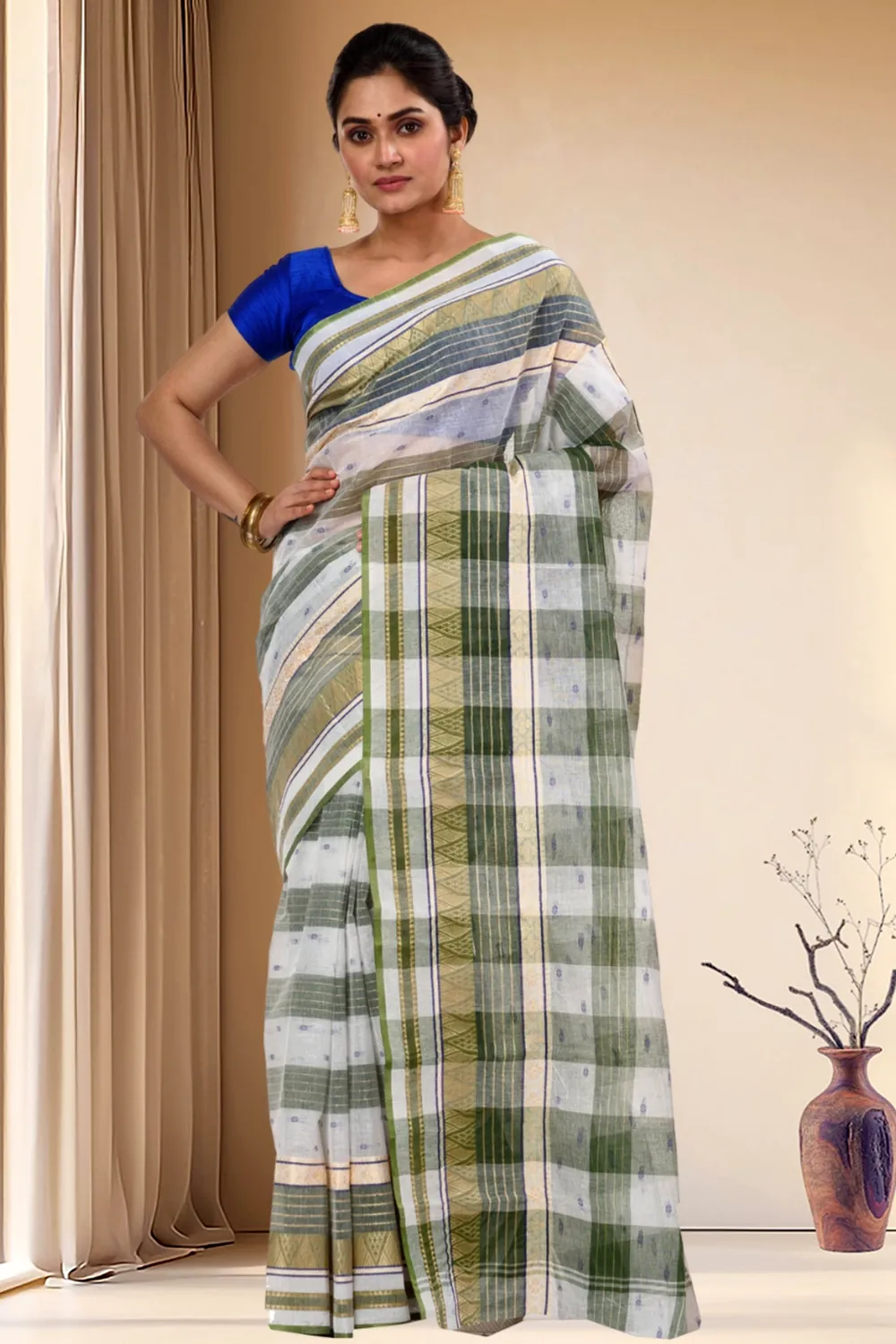 Green Pure Cotton Naksi Katha Tant Saree (704)