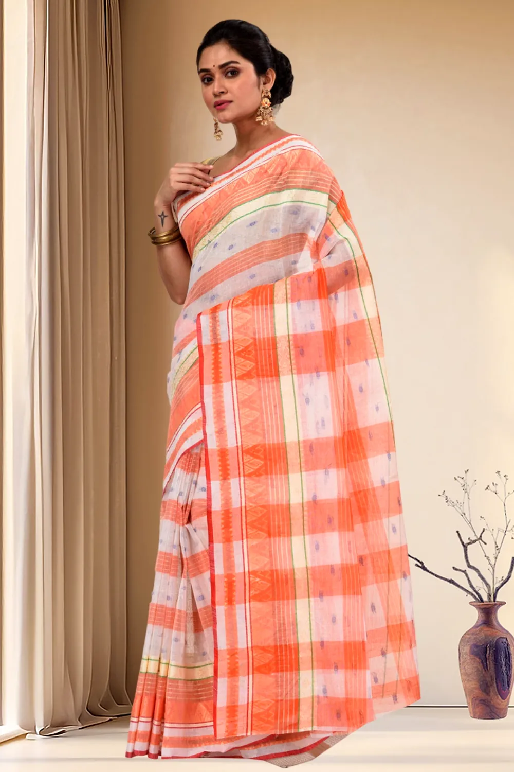Orange Pure Cotton Naksi Katha Tant Saree (705)