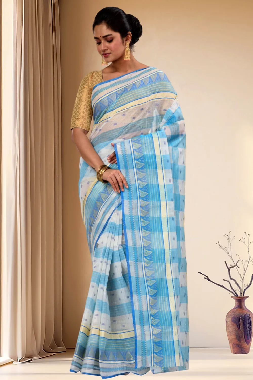 Blue Pure Cotton Naksi Katha Tant Saree (706)