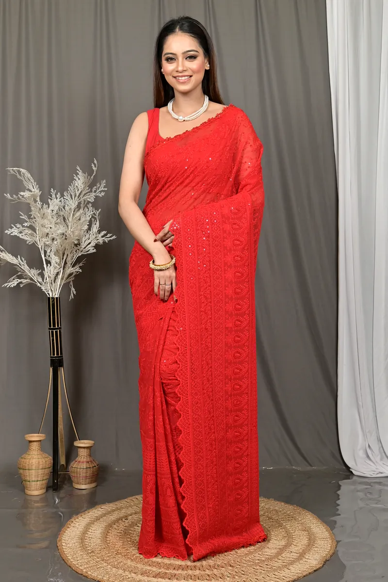Red Cotton Parmon Chikankari Saree  (71)