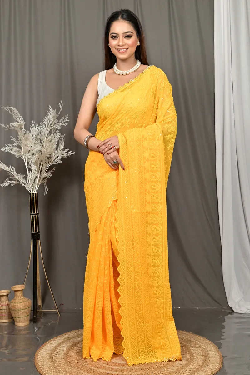 Yellow Cotton Parmon Chikankari Saree  (72)