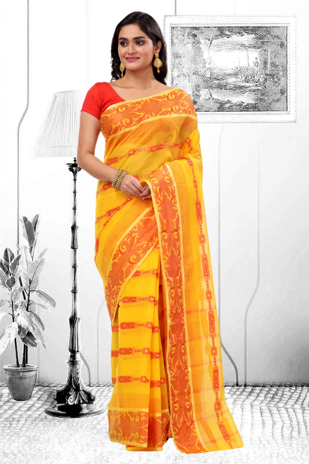 Yellow Pure Cotton Charulata_Desiging Tant Saree (738)