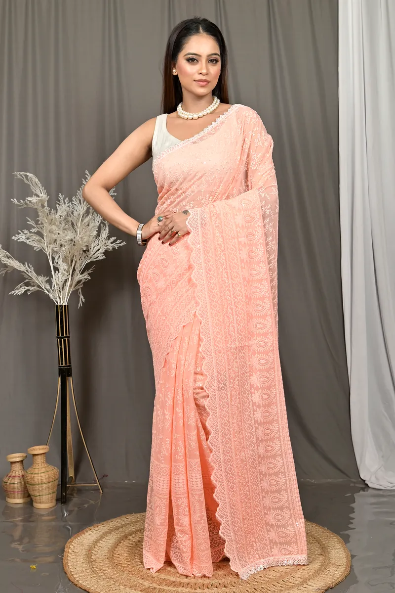 Peach Cotton Parmon Chikankari Saree  (74)