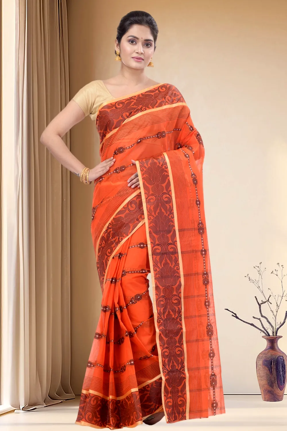Orange Pure Cotton Charulata_Desiging Tant Saree (741)
