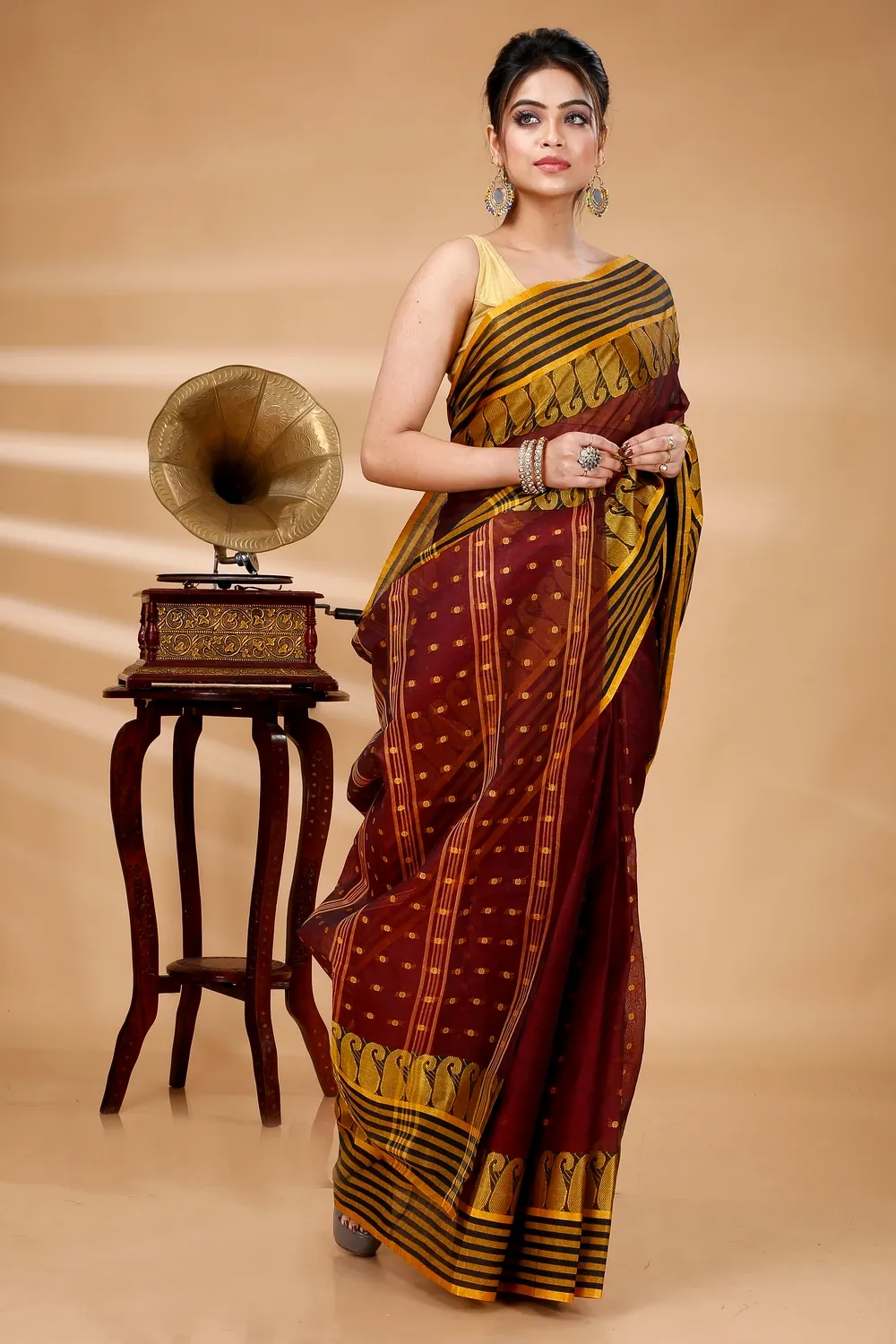 Brown Pure Cotton Moti_Buti Tant Saree (747)