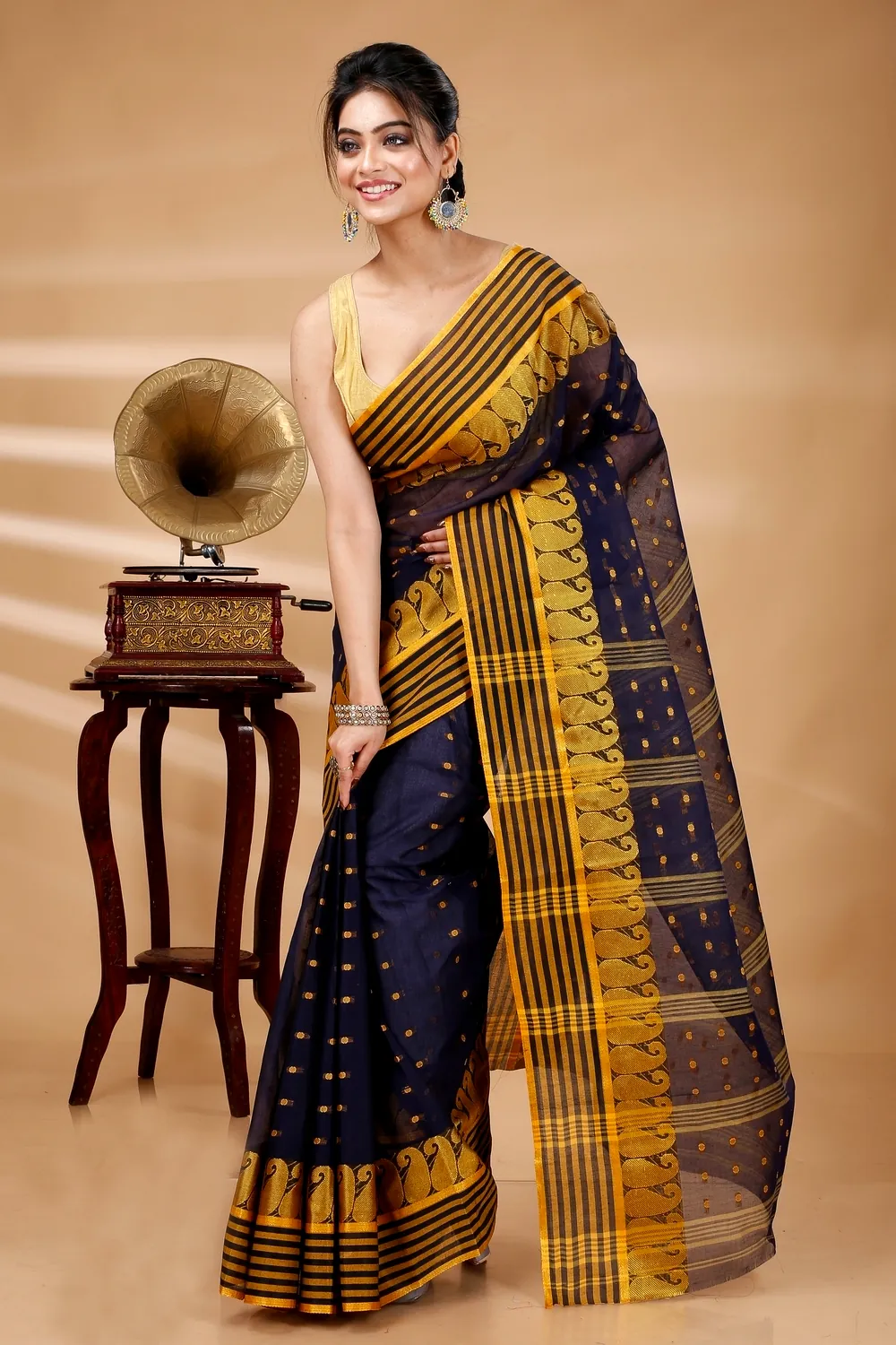 Blue Pure Cotton Moti_Buti Tant Saree (748)