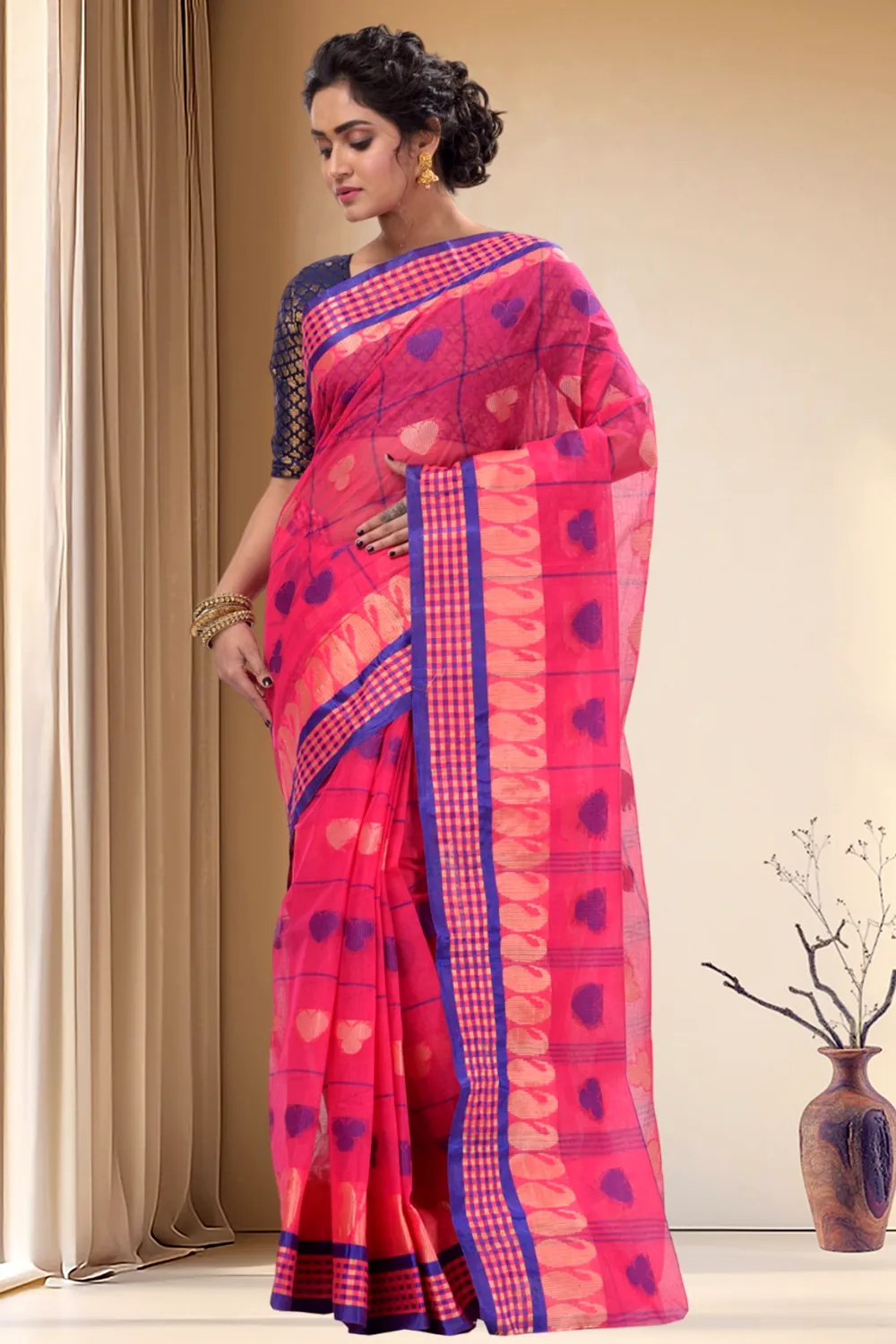 Pink Pure Cotton Taser Desh Tant Saree (749)