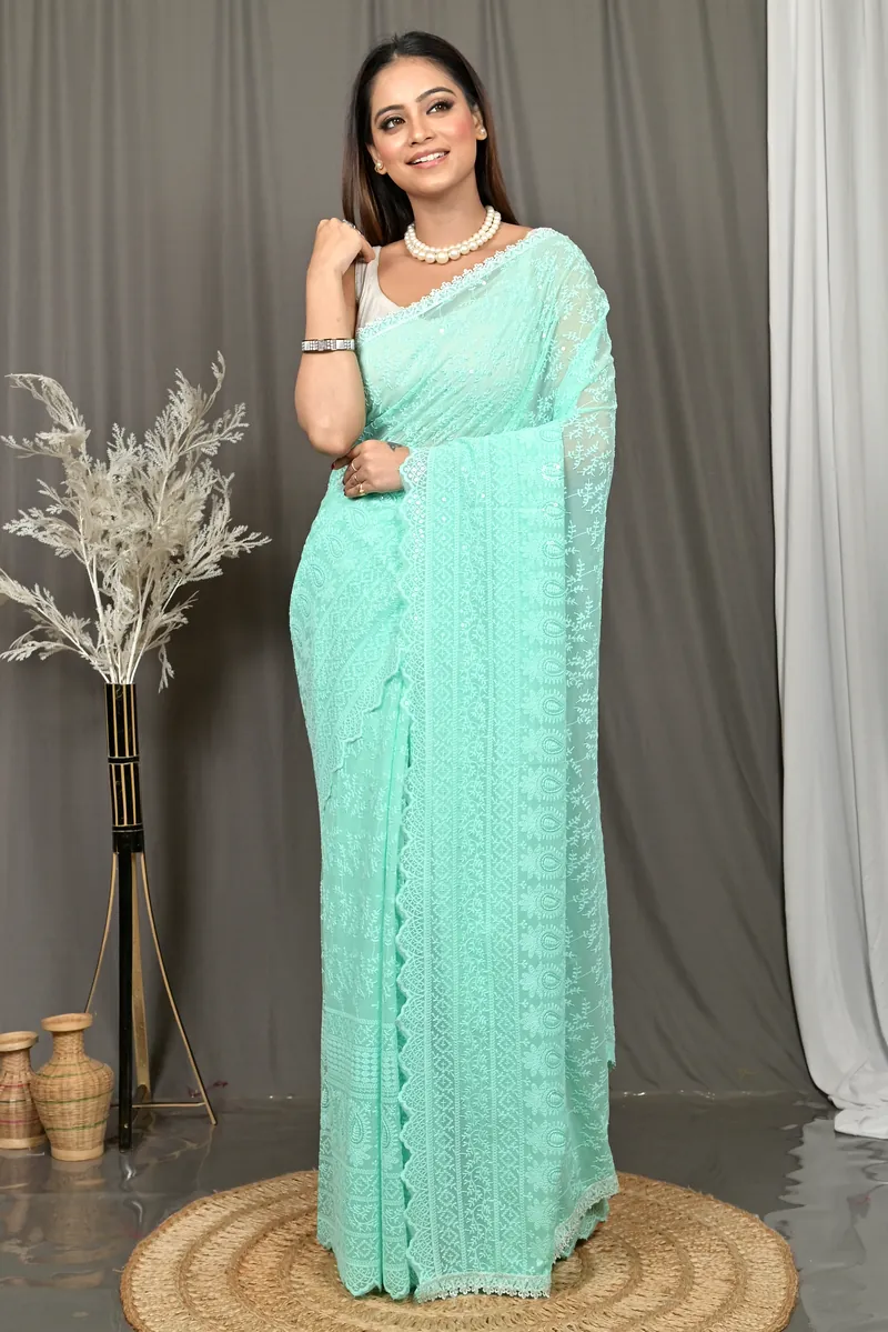 Mint Green Cotton Parmon Chikankari Saree  (75)