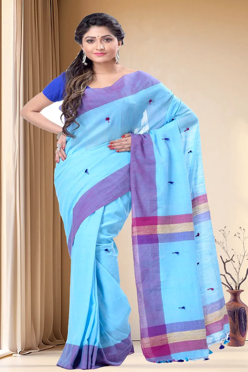 Blue Pure Cotton Clacial Desigined Hand Loom Saree (752)