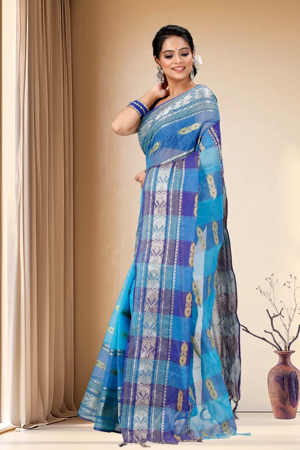 Blue Pure Cotton Raj Nandi Desigine Tant Saree (754)