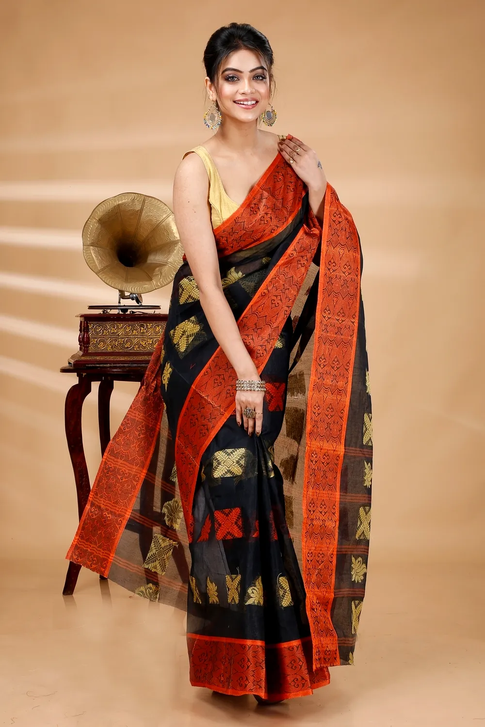Black Pure Cotton Suparna Buti Tant Saree (755)